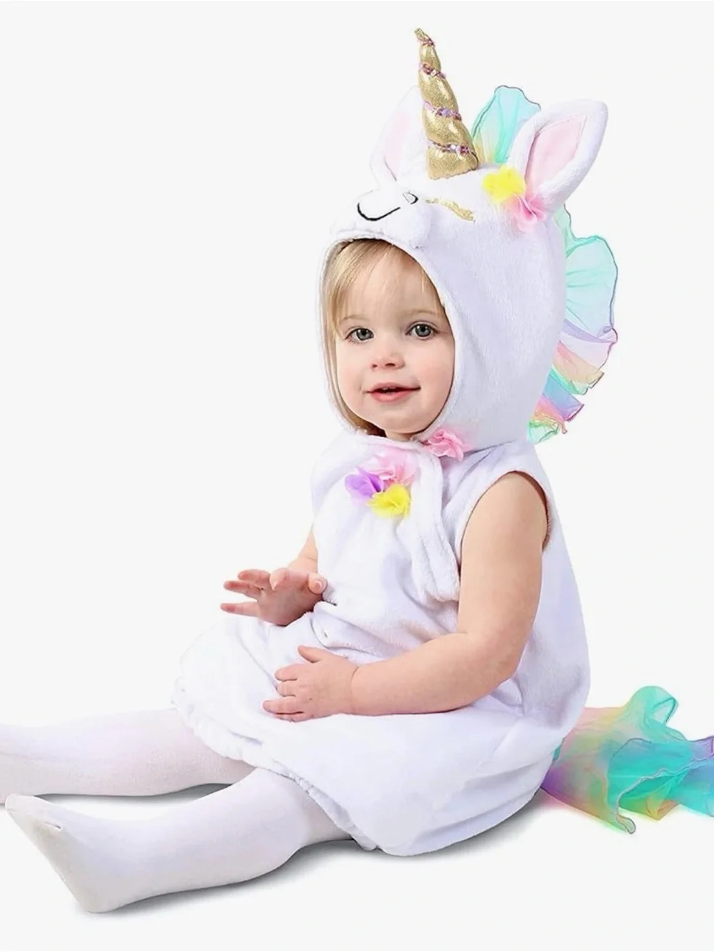 White Unicorn Baby Costume with Pastel Mane and Gold Horn